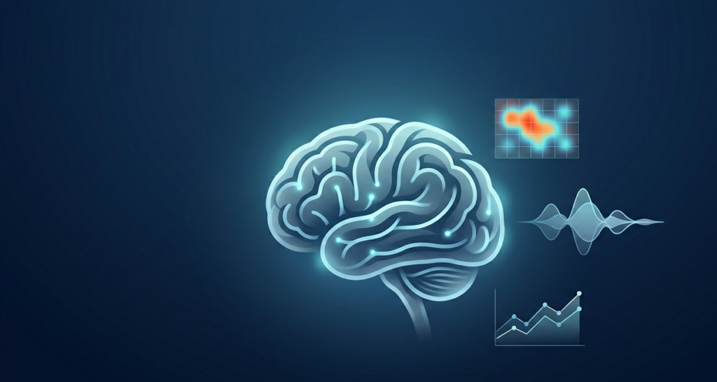 Ilustración de cerebro abstracto con mapa de calor, señal de audio y gráfico analítico sobre fondo azul, usada en un artículo sobre TRIBE v2 de Meta, comportamiento humano y marketing digital