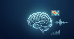 Ilustración de cerebro abstracto con mapa de calor, señal de audio y gráfico analítico sobre fondo azul, usada en un artículo sobre TRIBE v2 de Meta, comportamiento humano y marketing digital