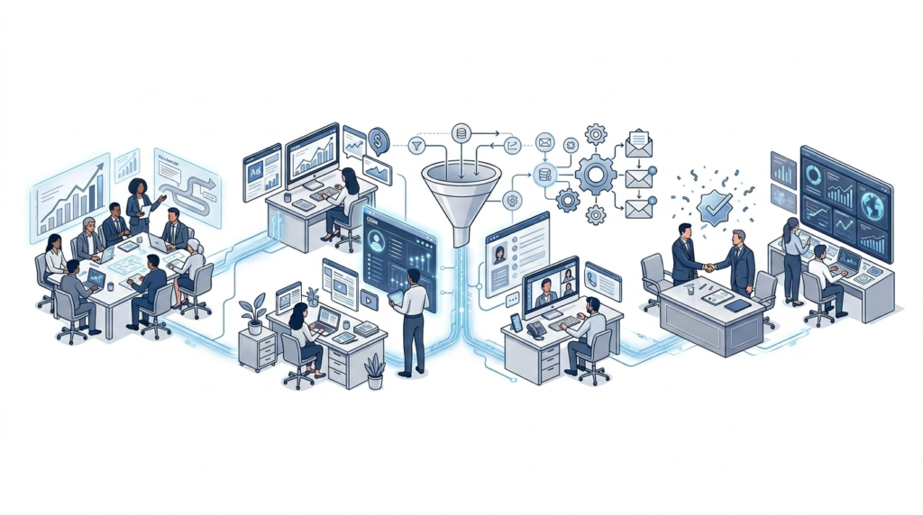 Estructura de ventas digitales en empresas con roles y procesos conectados