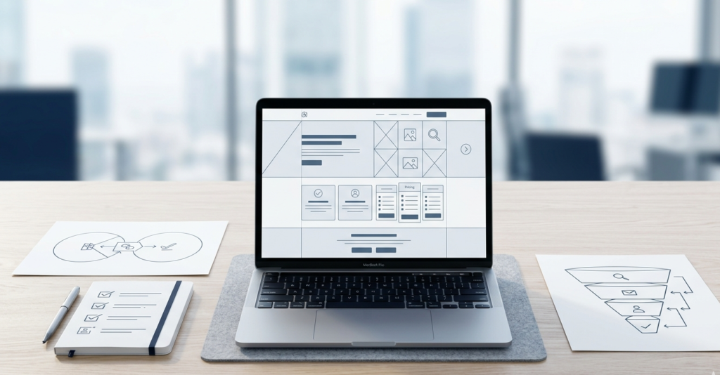 Portada de blog sobre validación de una idea digital con notebook, wireframe de landing page, checklist y embudo de conversión