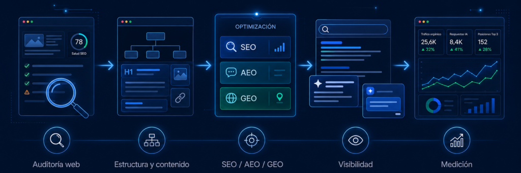 Auditoría SEO, AEO y GEO Ilustración de una auditoría SEO, AEO y GEO que muestra el proceso desde la revisión del sitio web y la estructura del contenido hasta la optimización, la visibilidad y la medición de resultados.