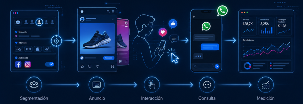 Ilustración de campañas Meta Ads que muestra el recorrido desde la segmentación de audiencias hasta el anuncio, la interacción, la consulta y la medición de resultados.