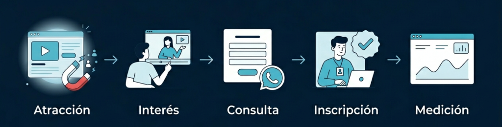 Sistema de captación para academias digitales con etapas de atracción, interés, consulta, inscripción y medición.