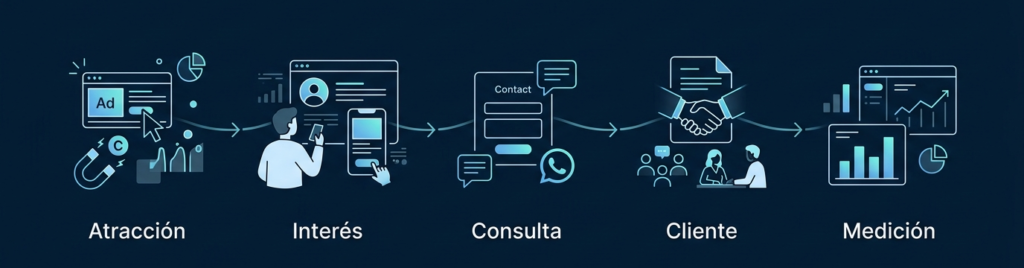 Sistema de captación para profesionales independientes Sistema de captación para profesionales independientes con etapas de atracción, interés, consulta, cliente y medición.