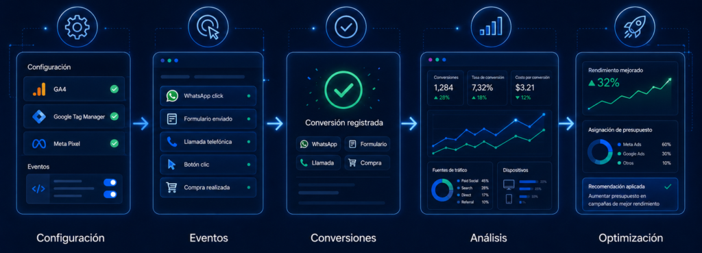Ilustración de medición de conversiones que muestra el proceso desde la configuración de eventos hasta el registro de consultas, el análisis de datos y la optimización de campañas.