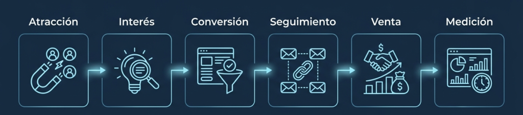 Sistema de captación digital Sistema de captación digital con etapas de atracción, interés, conversión, seguimiento, venta y medición.