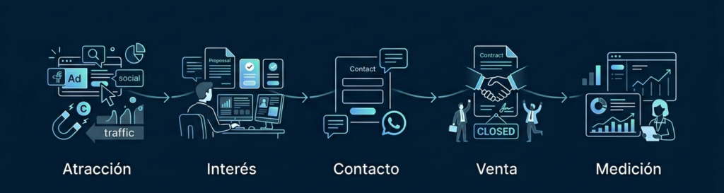 Ilustración de un sistema de captación digital para empresas, desde la atracción de potenciales clientes hasta la consulta, el cierre comercial y la medición de resultados.